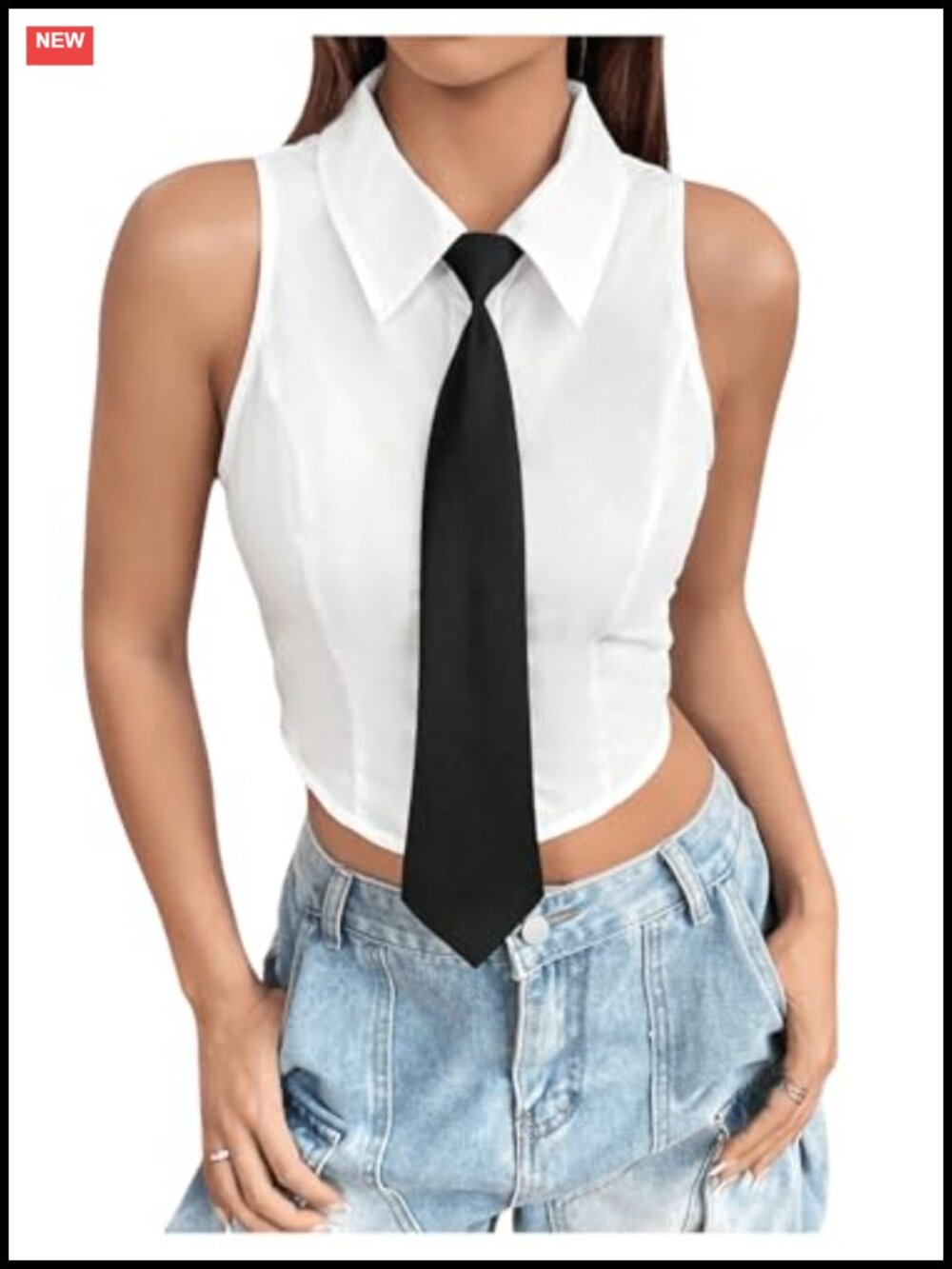 Sleeveless Collared Crop Top Button Down Tie Summer Tank